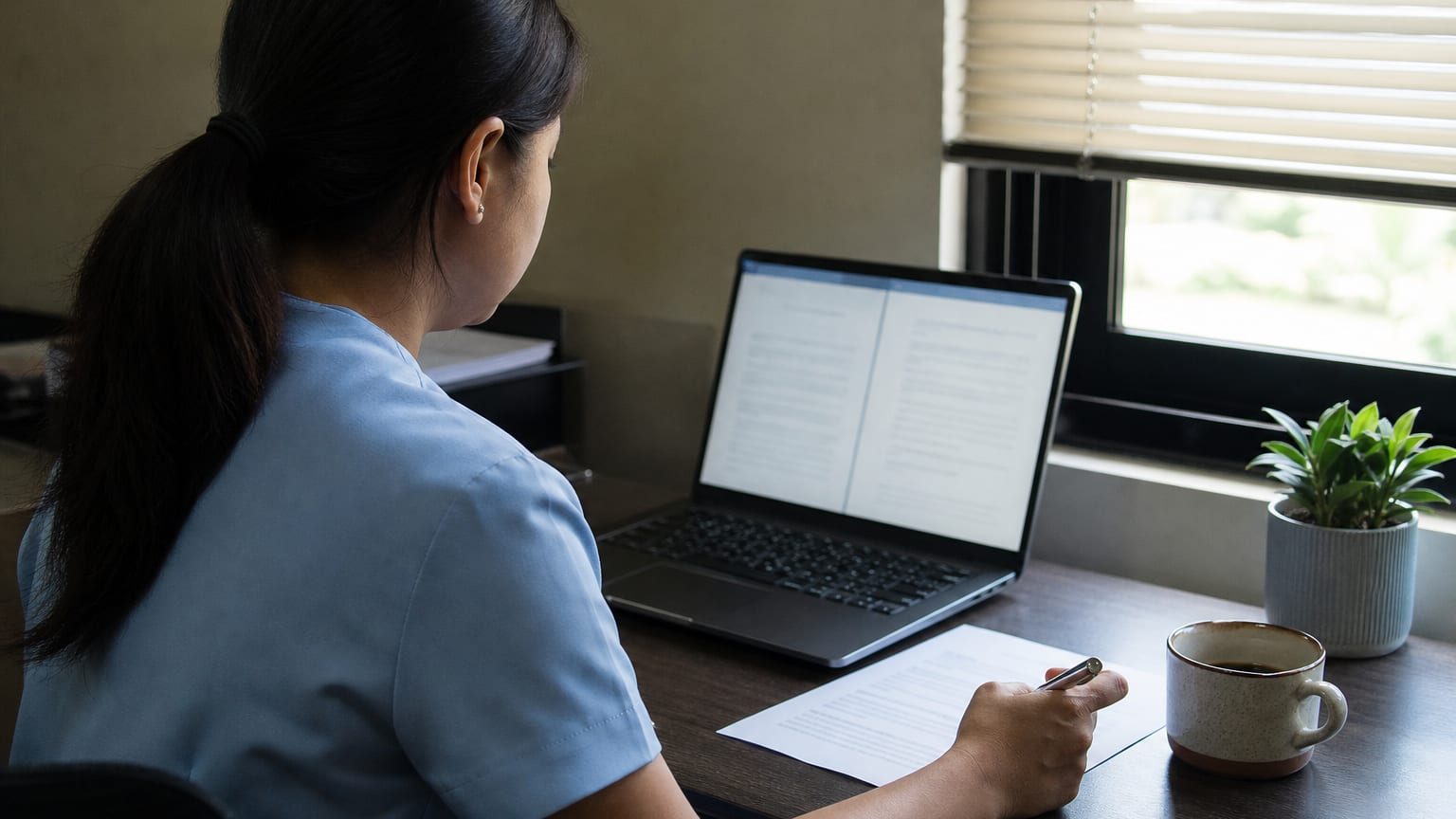 A woman in a plain uniform top sits at a laptop, comparing two columns of text on the screen